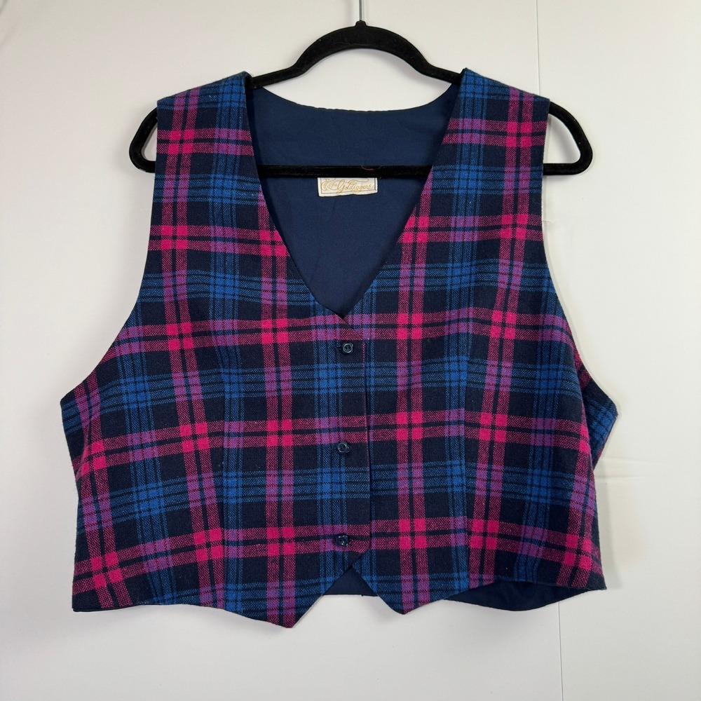 Vintage Goldiggers Plaid Vest Blue Pink Wool Blend Button Up Made in USA Large